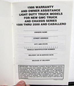 1986 GMC Truck/Chassis 1500-3500 & Caballero Warranty and Owner Assistance Info