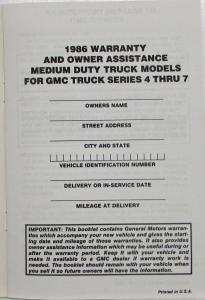 1986 GMC Truck Series 4 thru 7 Warranty and Assistance Information