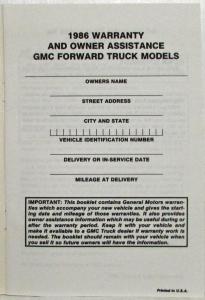 1986 GMC Forward Truck Models Warranty and Owner Assistance Information