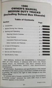 1986 GMC Medium Duty Truck Owners and Drivers Manual Includes School Bus Chassis