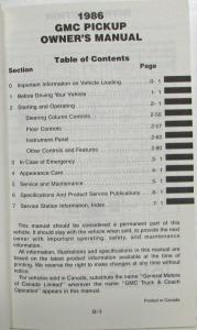 1986 GMC Pickup Truck Owners and Drivers Manual