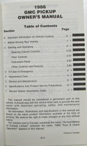 1986 GMC Pickup Truck Owners and Drivers Manual
