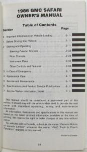 1986 GMC Truck Safari Van Owners and Drivers Manual