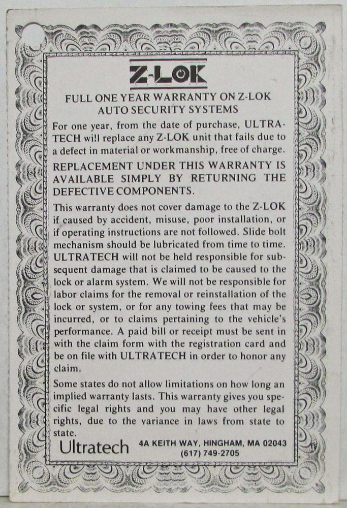 GM Goodwrench Z-Lok Security Warranty/Instruction Tag