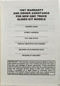 1987 GMC Truck Glider Kit Models Warranty and Owner Assistance Information