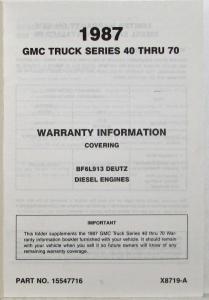 1987 GMC Truck Deutz Engine Warranty and Owner Assistance Information