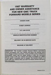 1987 GMC Forward Truck Models Warranty and Owner Assistance Information