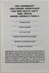 1987 GMC Heavy Duty Models Warranty and Owner Assistance Information
