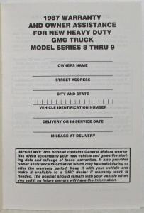 1987 GMC Heavy Duty Models Warranty and Owner Assistance Information