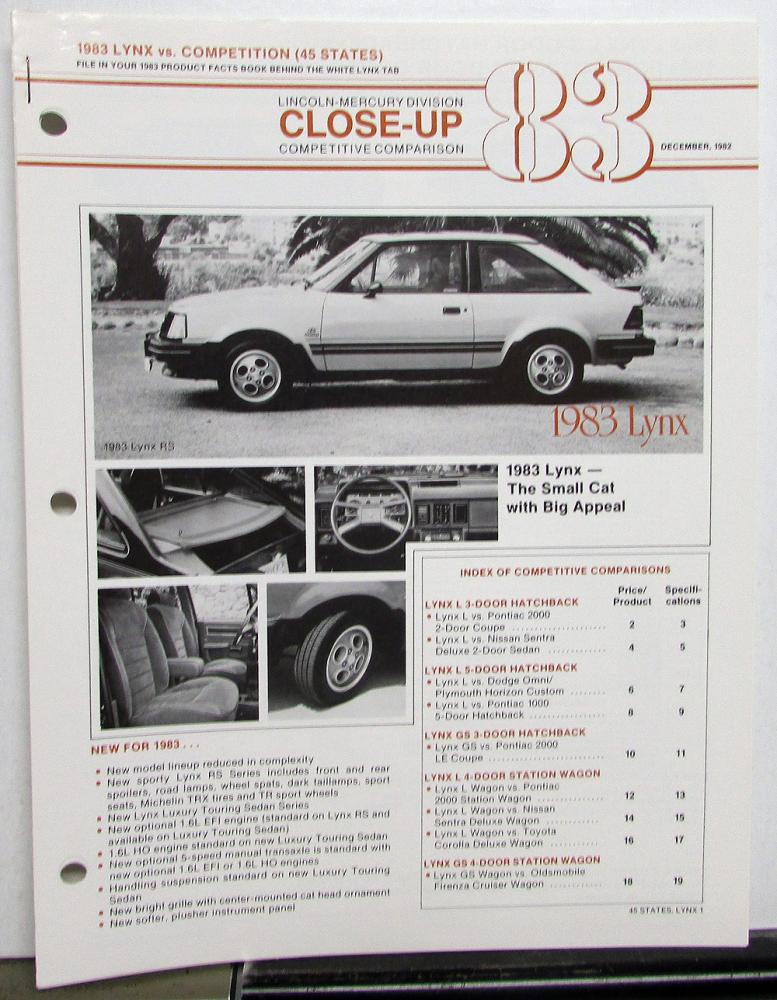 1983 Mercury Lynx vs Competition Dealer Sales Brochure Comparison Features