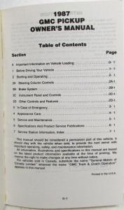 1987 GMC R 4x2 and V 4x4 Pickup Truck Owners Manual Gas & Diesel Engines