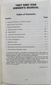 1987 GMC Van Owners Manual