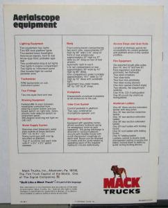 1978 Mack Aerialscope CF Fire Truck Specifications Sales Brochure