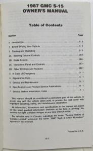 1987 GMC S-15 Truck Owners Manual