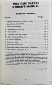 1987 GMC Truck Safari Van Owners Manual