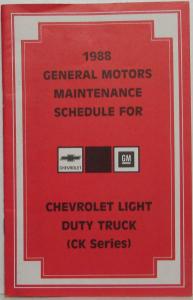 1988 Chevrolet CK Series Light Duty Truck Maintenance Schedule Booklet
