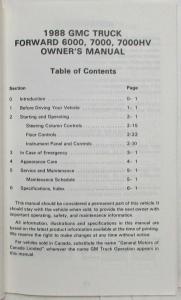 1988 GMC Truck Forward 6000 7000 7000 HV Owners Manual