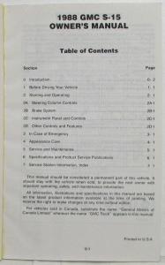 1988 GMC S-15 Truck Owners Manual