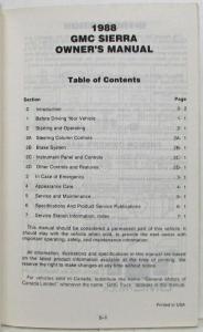 1988 GMC Sierra Pickup Truck Owners Manual