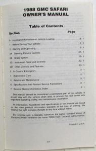 1988 GMC Truck Safari Van Owners Manual