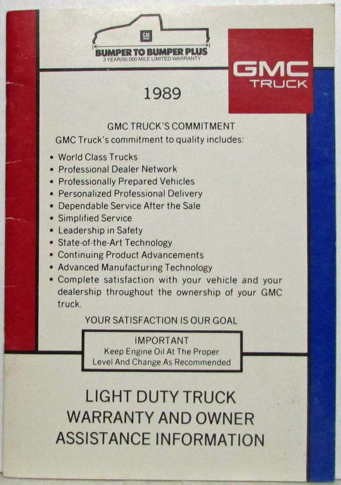 1989 GMC Truck and Chassis 1500-3500 Warranty and Owner Assistance Information
