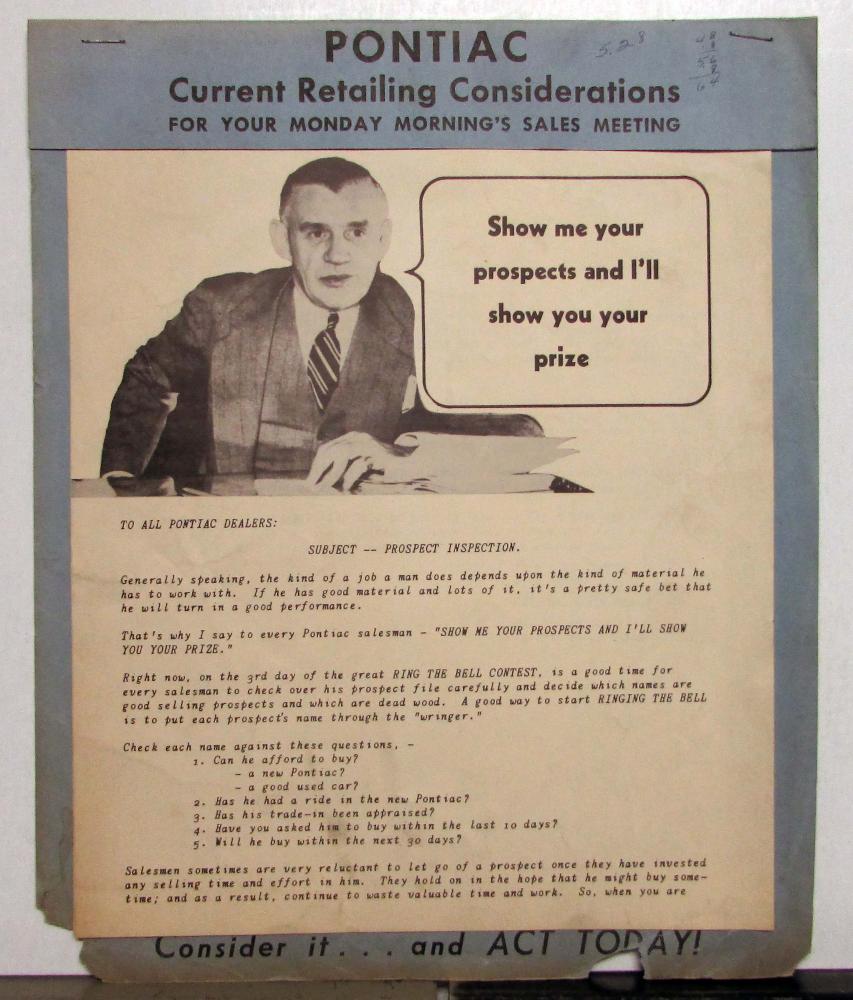 1941 Pontiac Dealer Memo Show Me Your Prospects Ill Show You Your Prize Bulletin