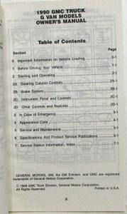 1990 GMC Truck G Van Models Owners Manual