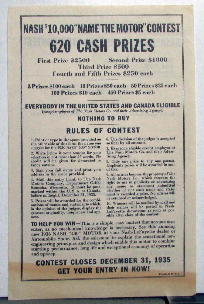 1936 Nash $10,000 Name The Motor Prize Contest Entry Sheet