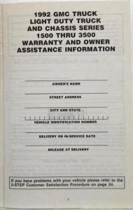 1992 GMC Truck and Chassis 1500-3500 Warranty and Owner Assistance Information