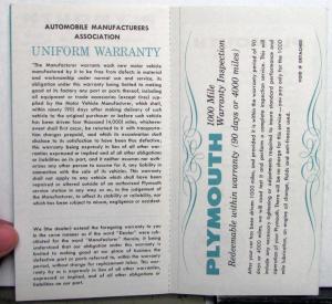 1956 Plymouth Warranty Inspection Mileage Maintenance Schedule Owner Certificate