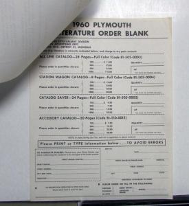 1959 1960 Plymouth Dealer Letter Blank Literature Ordering Sheet
