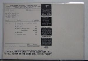 1962 Plymouth Savoy 4-Door Sedan Pricing Features Warranty Sales Sheet