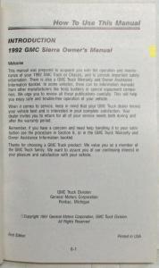 1992 GMC Sierra Pickup Truck Owners Manual