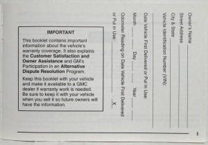 1997 GMC Truck Light Duty Warranty and Owner Assistance Information