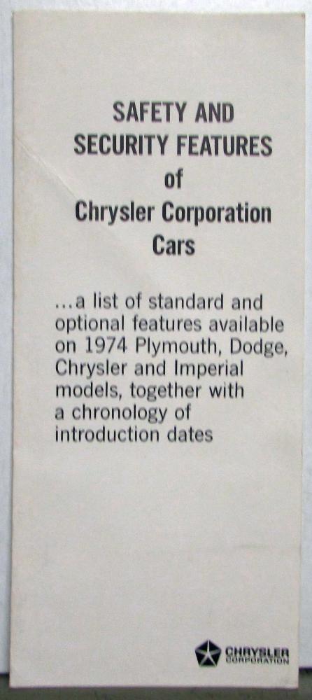 1974 Chrysler Dodge Plymouth Safety Security Features Diagram Brochure