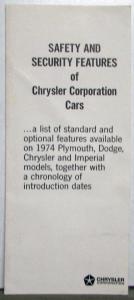 1974 Chrysler Dodge Plymouth Safety Security Features Diagram Brochure