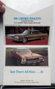 1974 Chrysler Plymouth Imperial Fury Satellite Valiant Duster Barracude Brochure