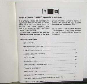 1984 Pontiac Fiero Owners Manual and Revised Maintenance Schedule