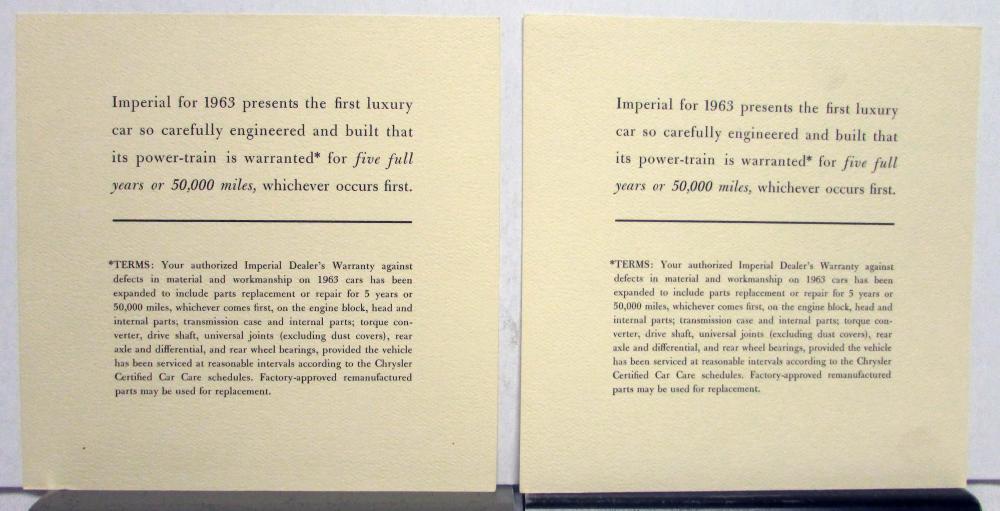 1963 Chrysler Inperial Warranty Terms Sales Sheet