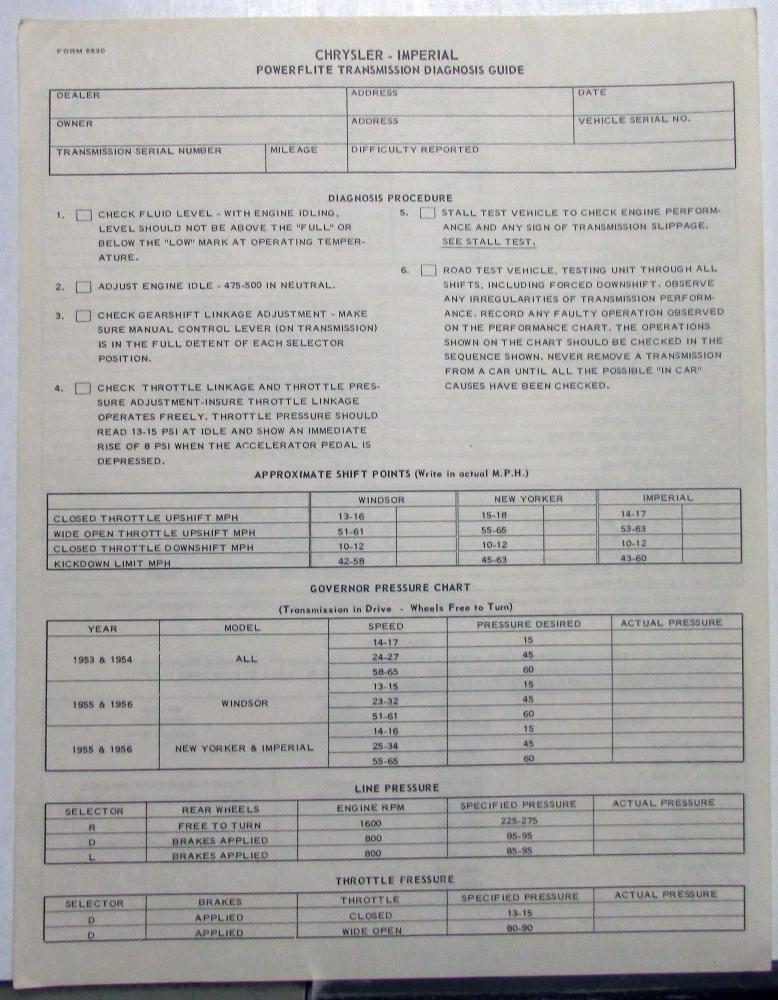 1956 Chrysler Imperial Powerflite Transmission Diagnosis Guide Sheet