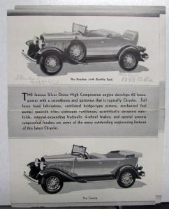 1930 Chrysler Six Sedan Touring Business Coupe Roadster Brochure