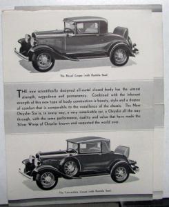 1930 Chrysler Six Sedan Touring Business Coupe Roadster Brochure