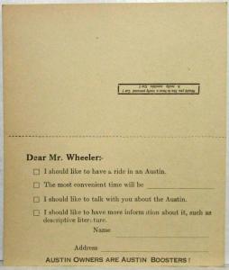 1930s Austin Washington Motor Company Business Reply Card for Info/Schedule