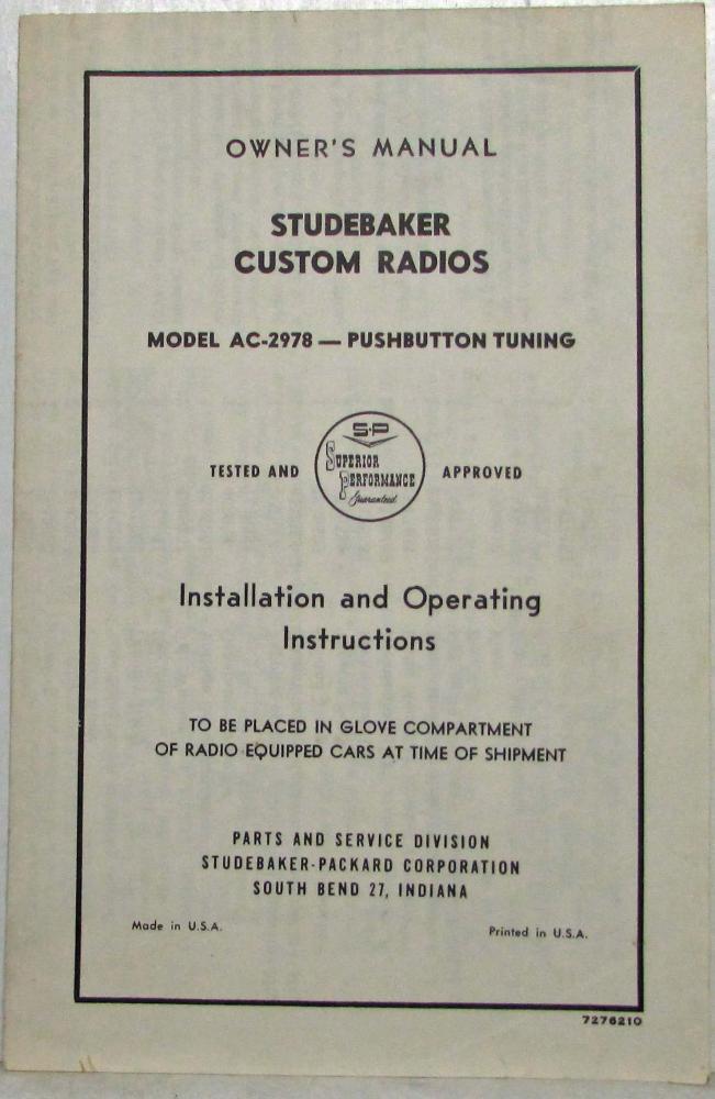 1962 Studebaker Custom Radios Owners Manual Model AC-2978 Pushbutton Tuning