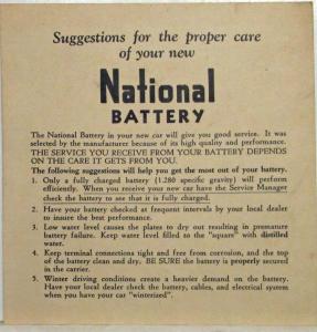 1950 National Battery Suggestions for Proper Care Card - Hudson