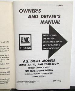 1969 GMC Truck Owners Manual Care & Op Diesel Models 53 71 Toro-Flow