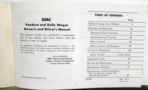 1972 GMC Vandura Rally Wagon STX Owners Manual Care & Op Instructions Van Models