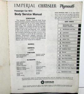 1972 Chrysler Plymouth Imperial Dealer Body Service Shop Repair Manual Orig