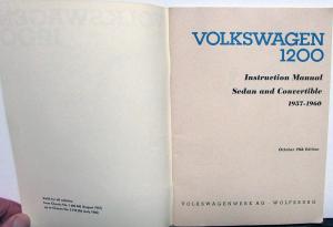 1957 1958 1959 1960 Volkswagen 1200 Instruction Owners Manual Sedan & Convert