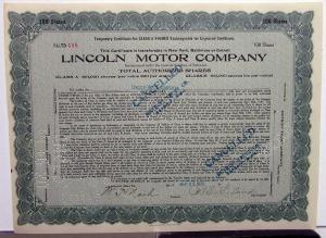 1920 Lincoln Motor Co Stock Certificate TD 448 Notarized Original Memorabilia